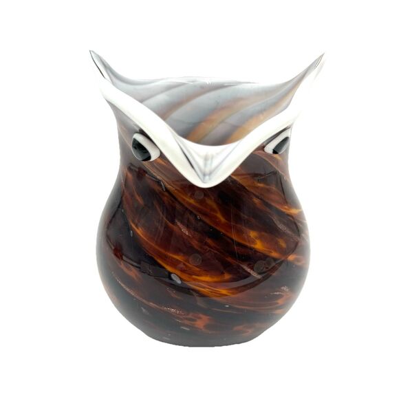 Figural Owl Art Glass Vase Multicolor Brown / White Copper Color Glitter Accents - Picture 1 of 10